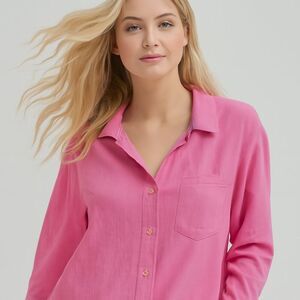 Pink Collared Button-Down Cotton Rayon Casual Blouse Small